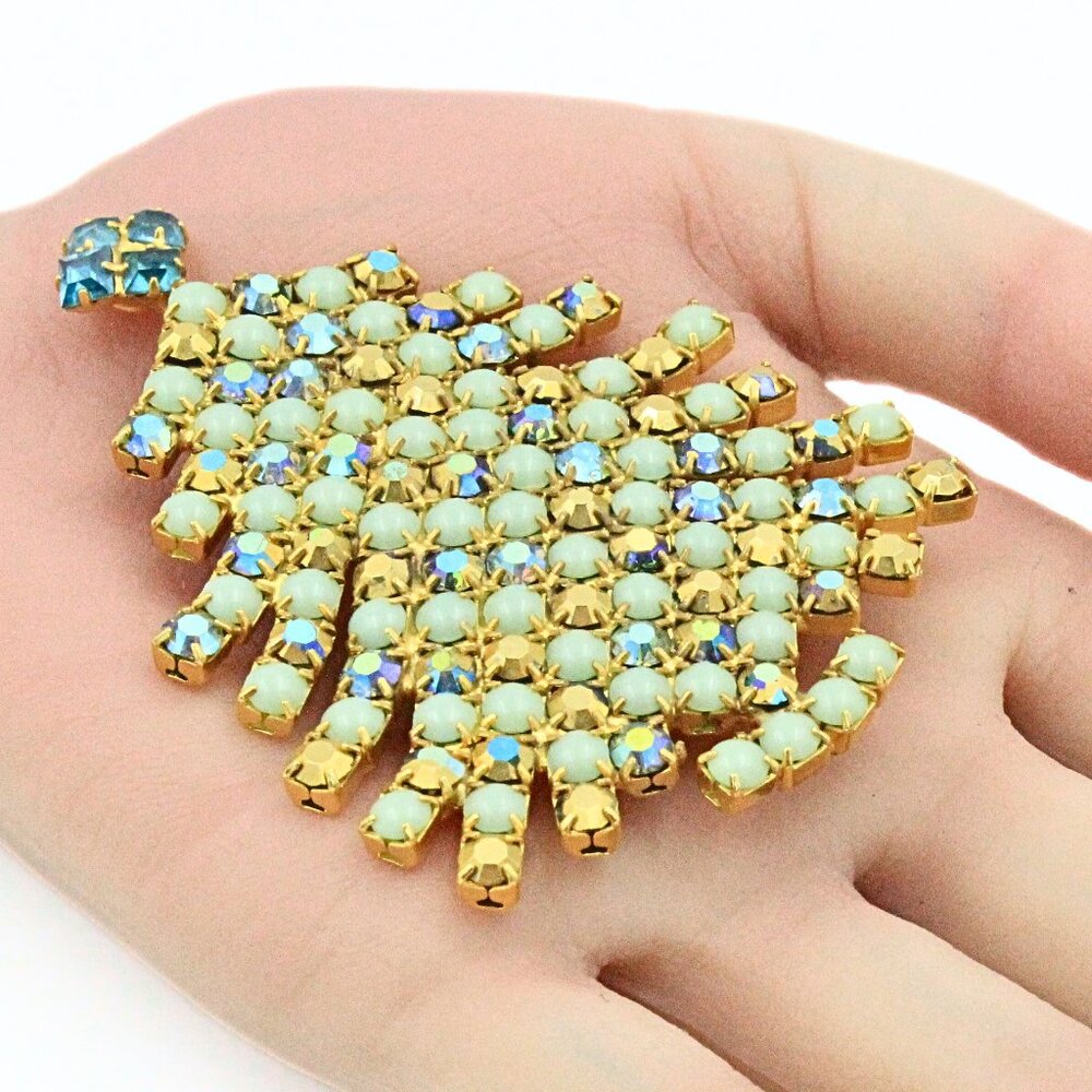 Opulent Dominique Rare! Signed Green AB Crystals Large Christmas Tree Brooch